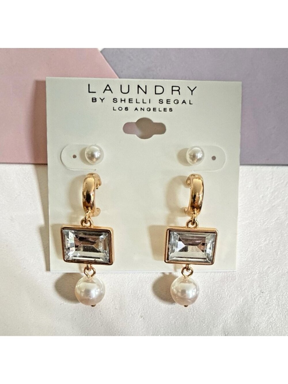 Laundry By Shelli Segal Gold Tone/Faux Pearl Set-Stud & 1 3/4" Drop Earrings